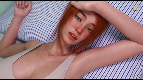 Red-haired, redhead big tits, 3d