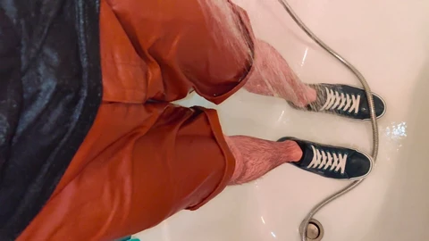 Wet, pissing, shower clothes