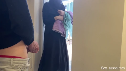 Curious pregnant Muslim neighbor in niqab catches me jerking off and wants to touch my uncut cock