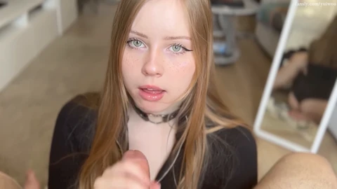 Adorable blonde with mesmerizing green eyes gets a cum facial